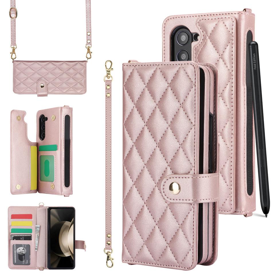 Lanyard Crossbody Pen Slot Multi Card Wallet Schultergurt Hülle für Samsung Galaxy Z Fold 5 3 4 Z Flip 5 Flip4 Flip3 Cover Luxus PU Leder Telefon B