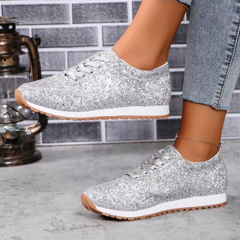 Fashion 2025 New Lightweight Women's Glitter Sneakers Spring Autumn Lace Up Low Heel Sport Shoes Women Comfort Non Slip Walking Shoes
