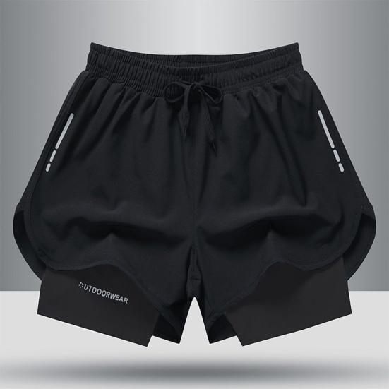Men Beach Shorts Loose Double Layers Quick Dry Conservative Breathable Swimming Elastic Waist Plus Size Solid Color Swimming Trunks Water Sports
