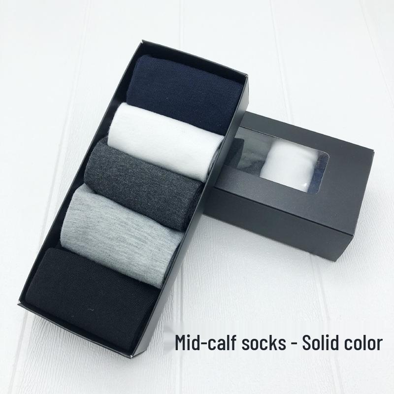 Męskie Skarpetki Bawełniane do Połowy Łydki Pudełko Prezentowe - 5 Par, Jednolite Kolory na Jesień i Zimę
