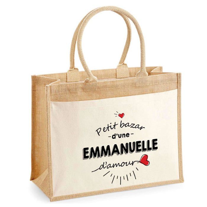 Sac de plage - PLANETEE - Jute avec poche Bazar d'une Emmanuelle d'amour - Coton - Anses solides - 43x33 cm