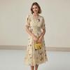 Summer V-neck Puffed Sleeve Single-breasted with A Cinched Waist Print Mid-length Short-sleeved Dress