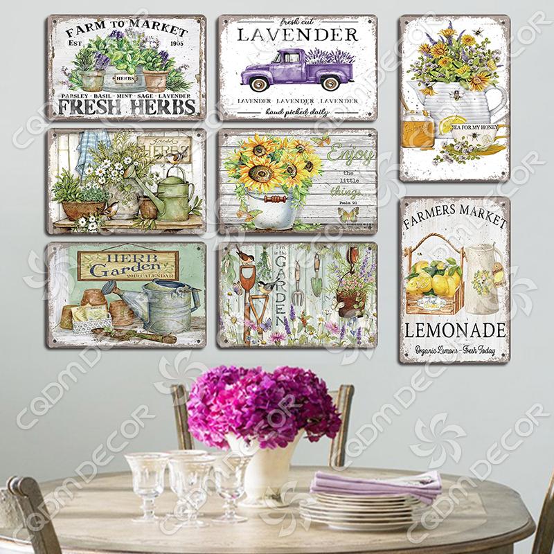 Garden Tin Signs Metal Plaque Lavender Fresh Herbs Lemonade Metal Poster Vintage Wall Decor for Cafe Farmhouse Kitchen Home