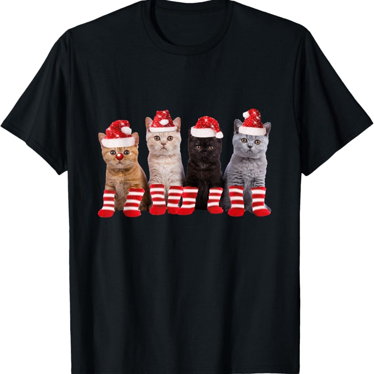 

Kittens With Santa Hats Shirt Funny Christmas Cat Meme Tee T-Shirt S чёрный
