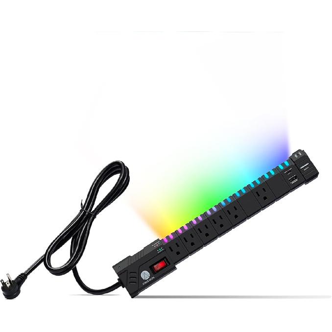 Игровые RGB-удлинители 4200 Дж с защитой от перенапряжения для ПК, станция быстрой зарядки PD 20 Вт для 1 порта USB-C и 1 порта USB-A, 6 розеток, удлинитель для игрового стола/комнаты