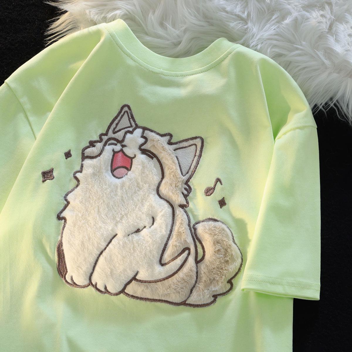 

Футболка унисекс с милым японским котом в студенческом стиле - короткие рукава, универсальная летняя одежда Large