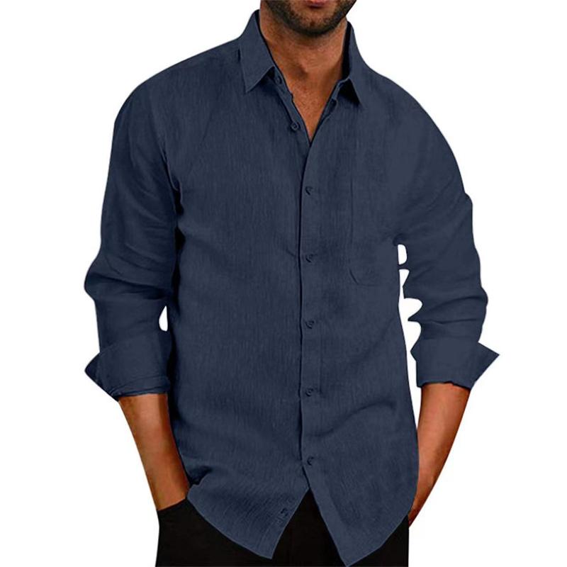 Летняя однотонная мужская одежда с лацканами и пуговицами, мужская хлопковая льняная рубашка S