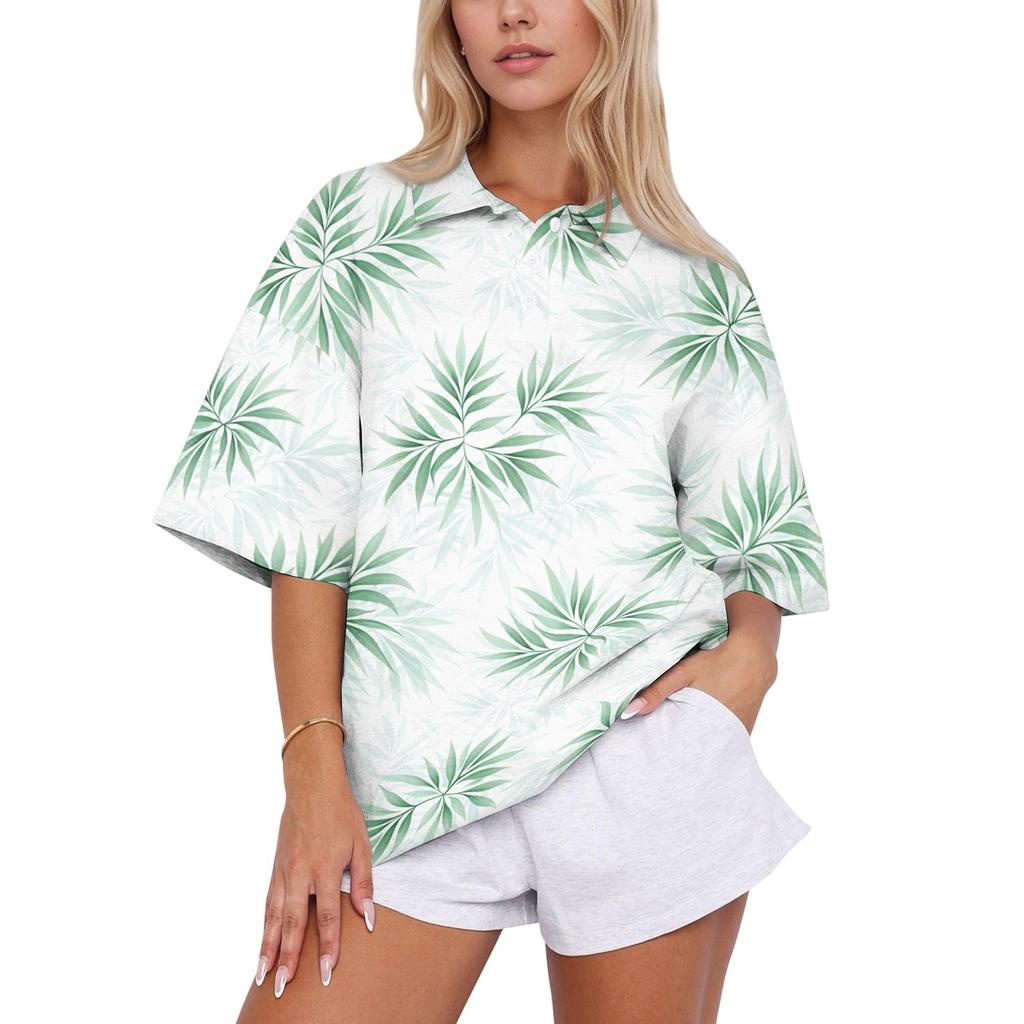 Women’s Fashion Casual Polo Collar Loose Fit Top Short Sleeve Floral Print Blouse Relaxed Lapel Shirt for Daily Wear