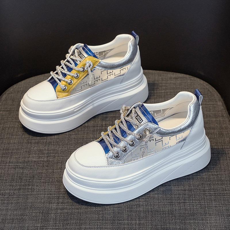 Small Inner Height Increase Women's Shoes Summer New Mesh Breathable Thick-soled Leather White Shoes Casual Sports