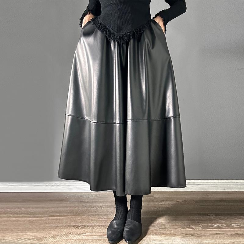 Women's Faux Leather Skirts Vintage High Wiast A Line Midi PU Leather Skirt for Women High Waisted Pleated Long A-line Swing Midi Skirt with Pockets