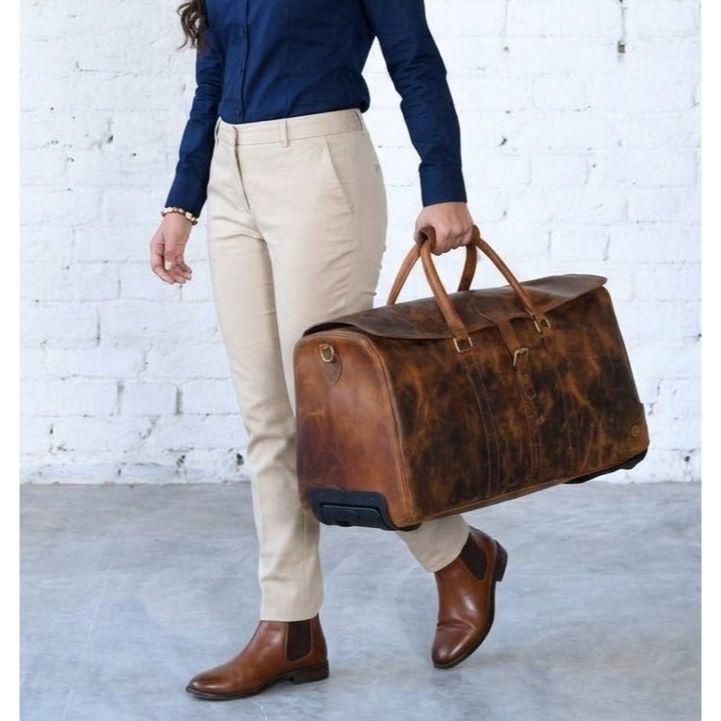 Monogrammed Leather Duffle Bag On Wheels | Genuine Leather Weekender Bag | Leather Holdall | Overnight Bag Men | Gifts For Him