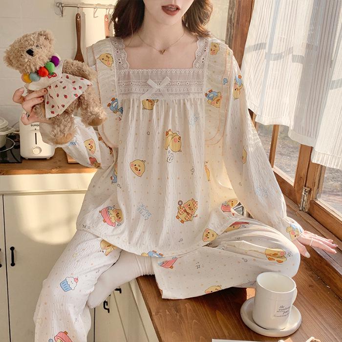 Sweet Polka Dot Lace Trim Princess Pajama Set for Women - Long Sleeve