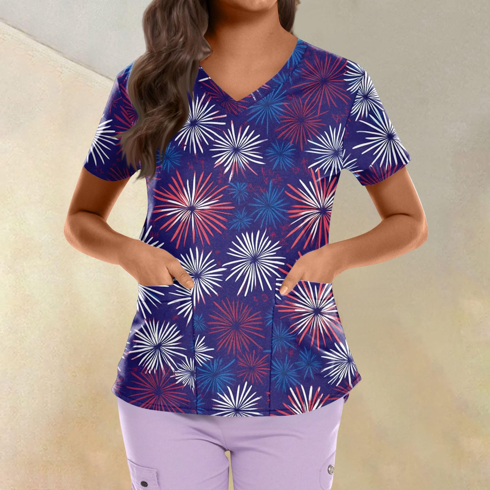 

Plus Size Printed Scrub Working Uniform Tops For Women s Cross V Neck Independence Day Print Short Sleeve Fun T-Shirts Workwear Tee With Pockets XXXL
