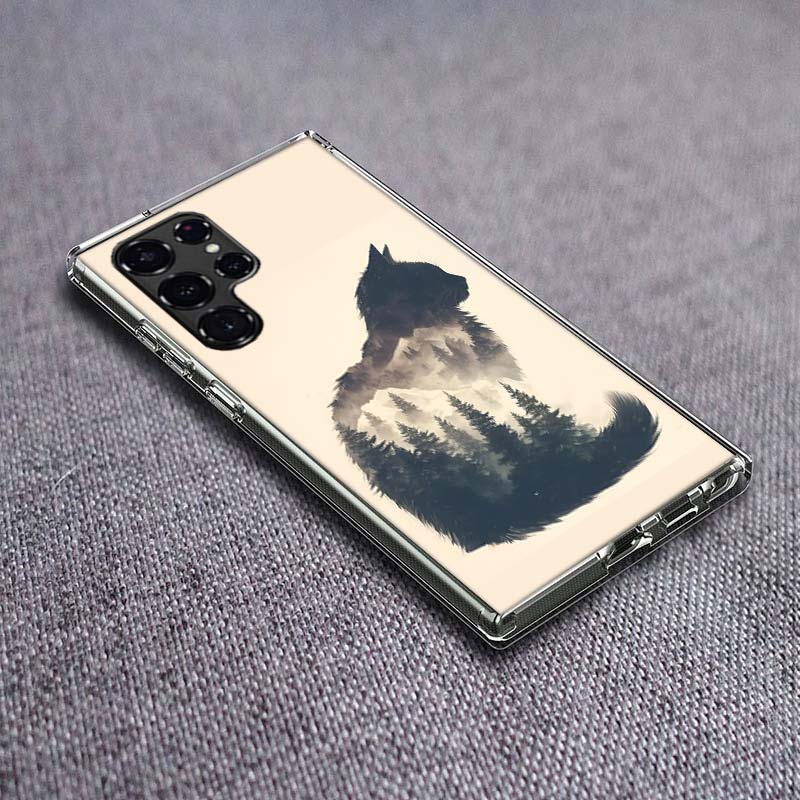 Forest and Cat Phone Case For Samsung Galaxy S24 S23 S21 S20 FE S22 S26 Ultra S25 Edge S10 Plus Cover Clear TPU Capa Shell Coque