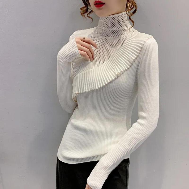 Potargany sweter z półgolfem damski jesienno-zimowa odzież koronkowy styl samo-uprawa Hollow dzianina najniższa koszula Top