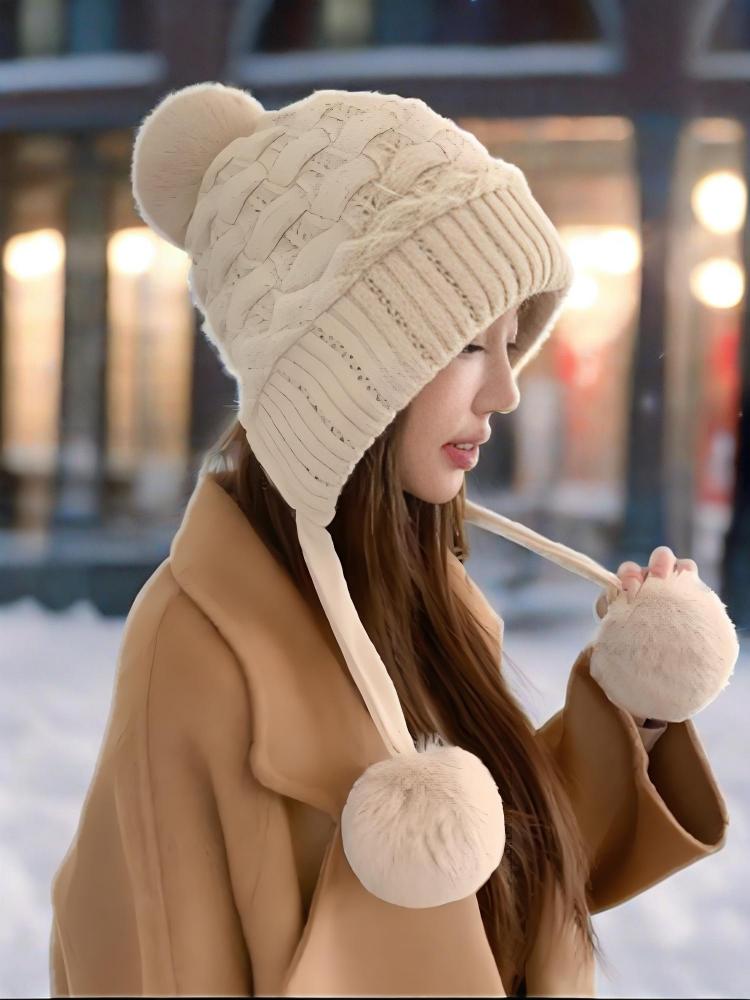 Lazy Wind Thickened Double-layer Ear Protection and Cold-proof Three-fur Ball Rabbit Fur Hat Plus Velvet Face Protection Knitted Hat