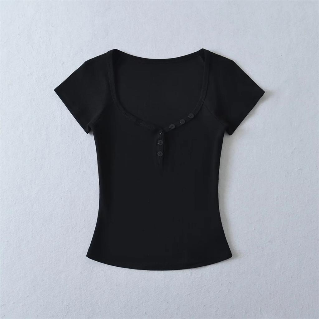 Women's Sweetheart Neck Short Sleeve T Shirt Slim Fit Basic Solid Color Tee