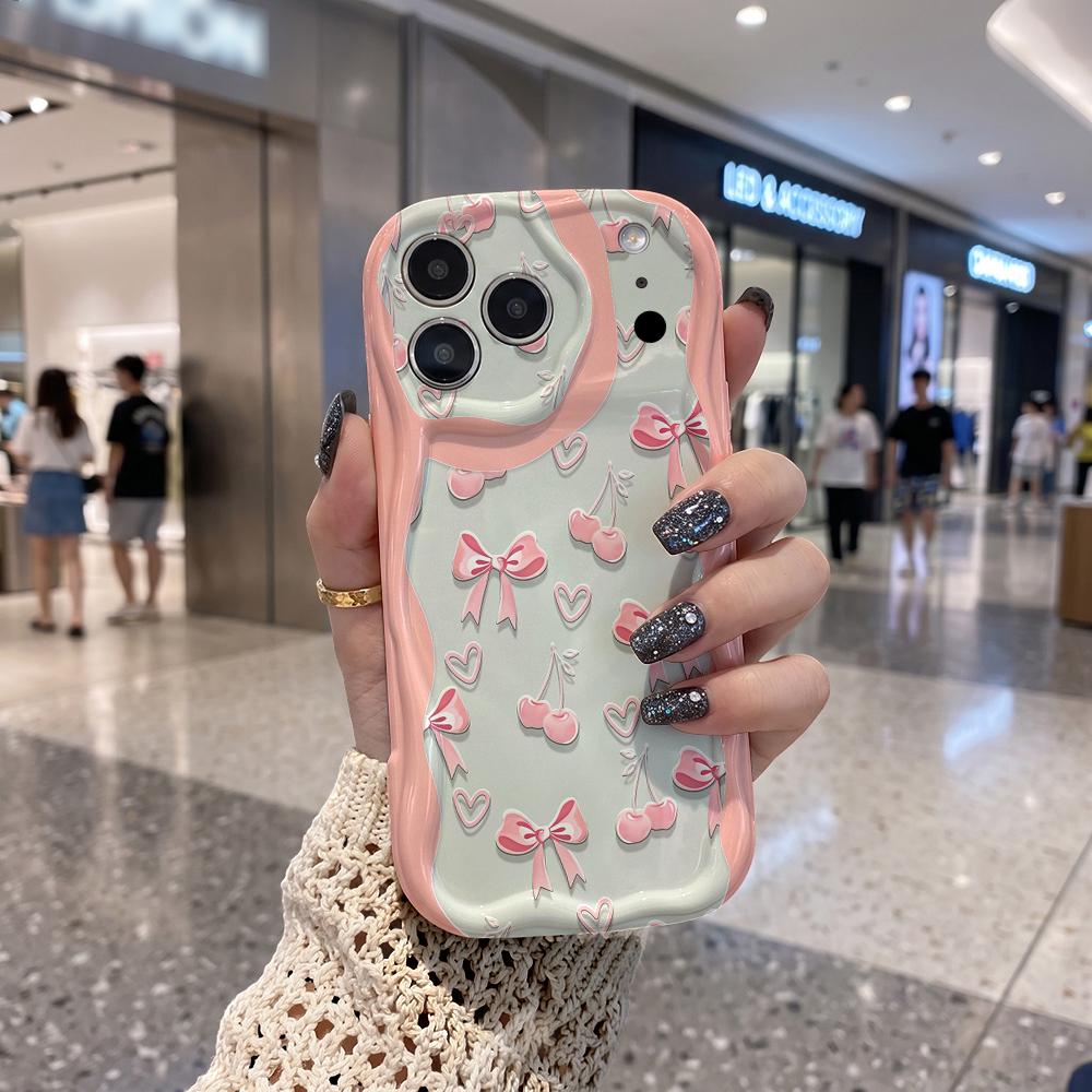 Pink Bow Cherry Heart Contrast Phone Case for iPhone 17 16 15 14 13 12 11 Pro Max Plus Wavy Edge Cute Cover