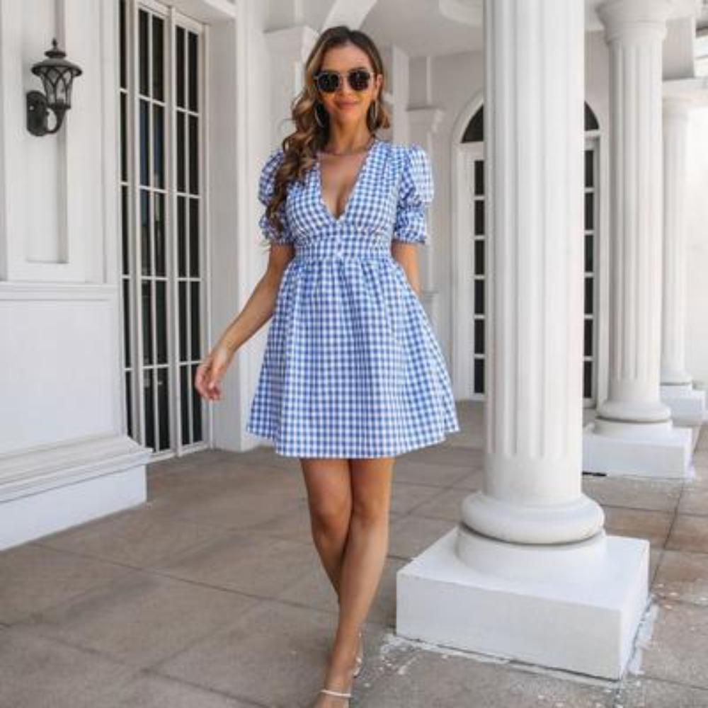 Women's Fashion Summer Spring Plaid Print Short Sleeve V-Neck High Waist Casual Dresses