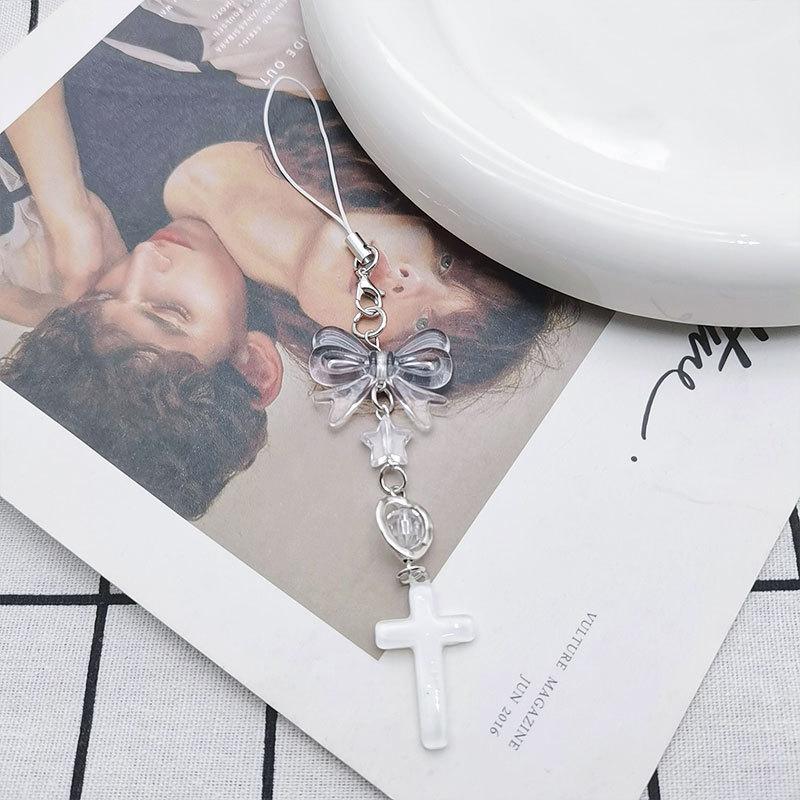 Sweet Cute Bow Keychain Beaded Phone Lanyard Strap Charms Cross-Pendant Phone Chain Anti-Lost For Women Girls Gift