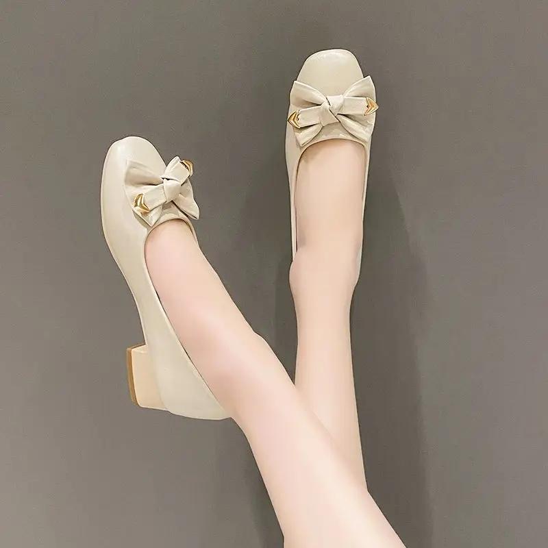 Fashion Women's Shoes Square Heels Toe Ladies Pumps with Bow Medium Popular Wholesale Chic Point on Sale Stylish High Quality Footwear