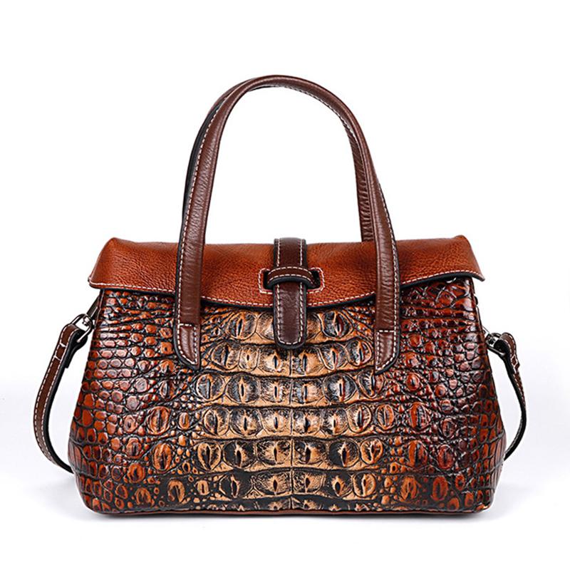 Women's Bag Genuine Leather Top Layer Cowhide Embossed Crocodile Pattern Retro One-shoulder Messenger Women's Bag