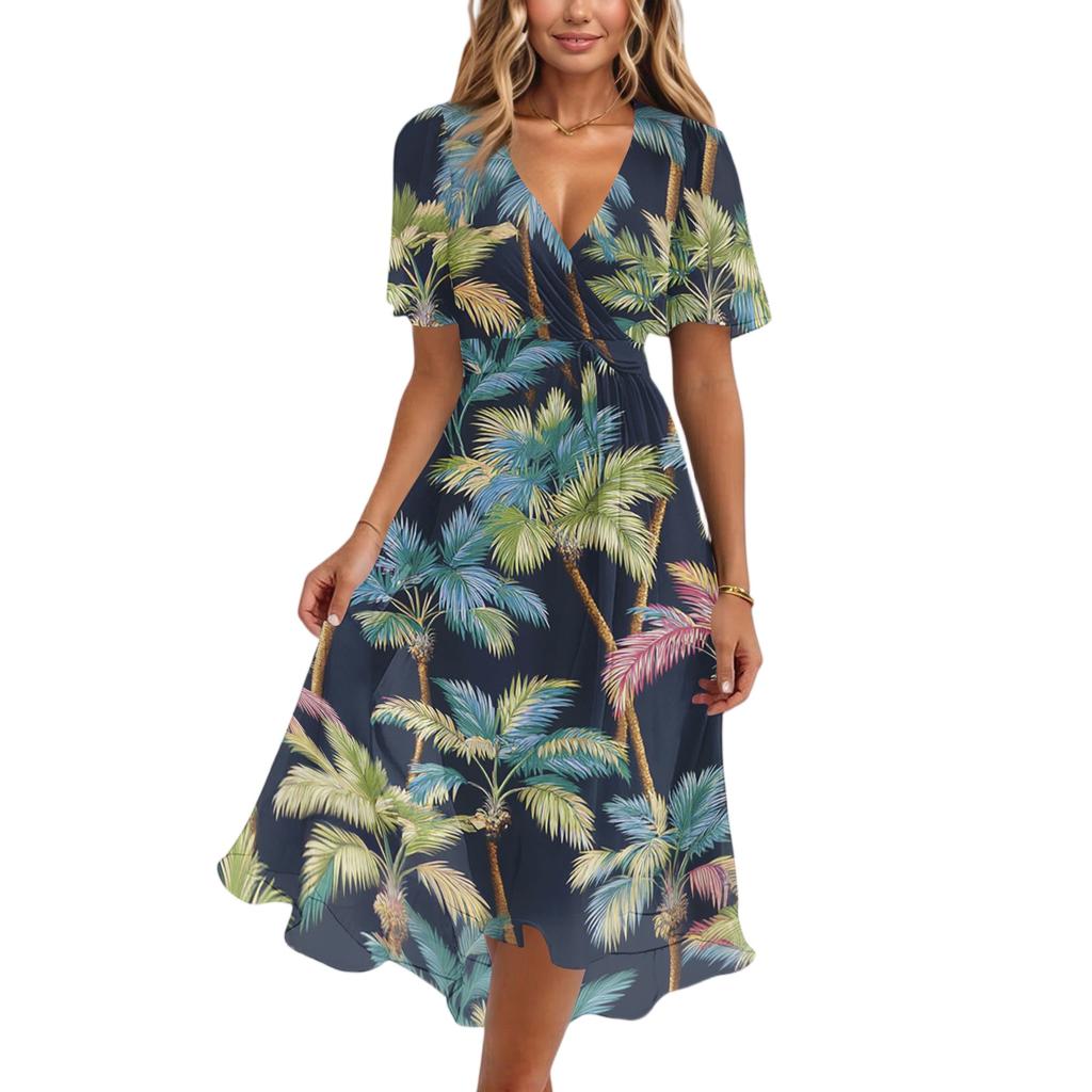 Women's Fashion Casual V Neck Short Sleeve Ruffled Vintage Printed Dresses