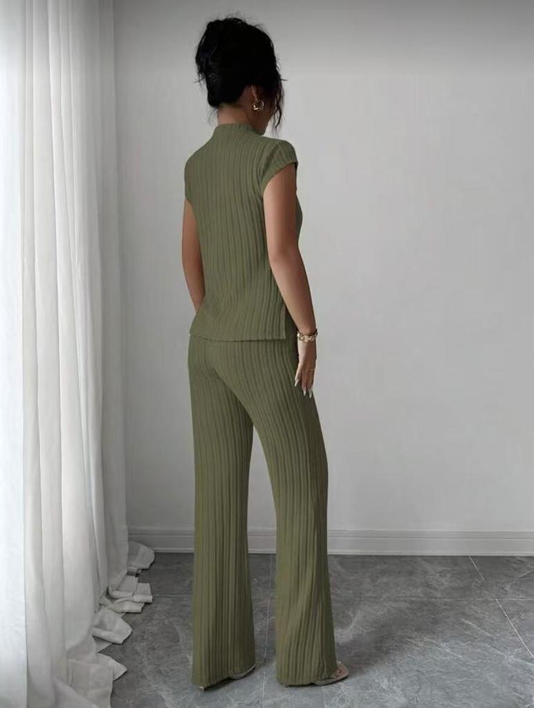 2026 New Style Women's Solid Color Short Sleeve Top & Ribbed Casual Pants Set