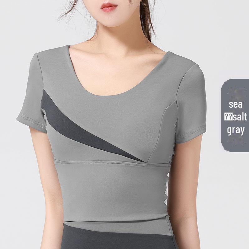 

Персиковий топ для йоги в стилі Печворк Juyitang - голі спортивні колготки без бюстгальтера та з короткими рукавами Small