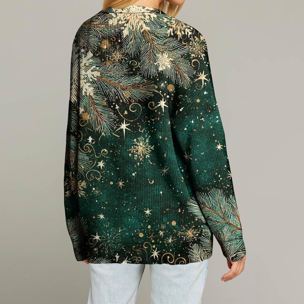 Women's Fashion Long Sleeve Christmas Print V-Neck Button Loose Cardigan Top