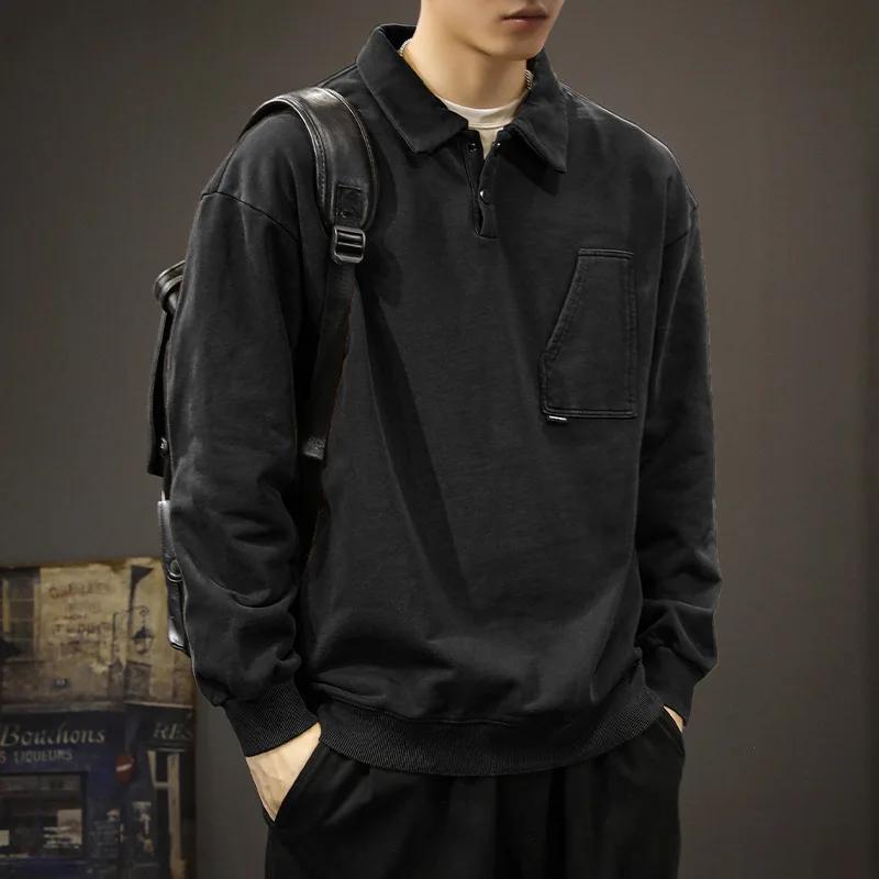 American Retro Trend Loose Autumn Men's Patchwork Polo Collar Button Pocket Fashion Solid Loose Long Sleeved Tops