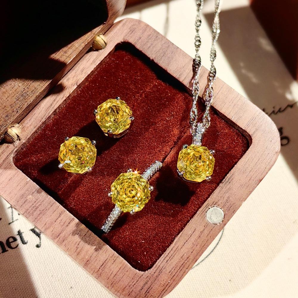 Octagonal Paraiba Pendant Necklace with Sparkling Diamond Earrings Yellow Gold Ring Women Jewelry Set
