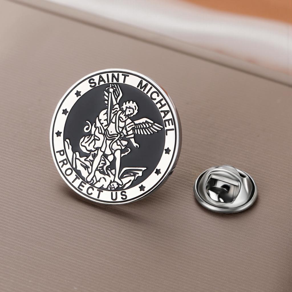 Cazador Saint Michael Protect Us Lapel Pins Women's Brooch Stainless Steel Christian Religious Jewelry Angel Brooch Men's Badges