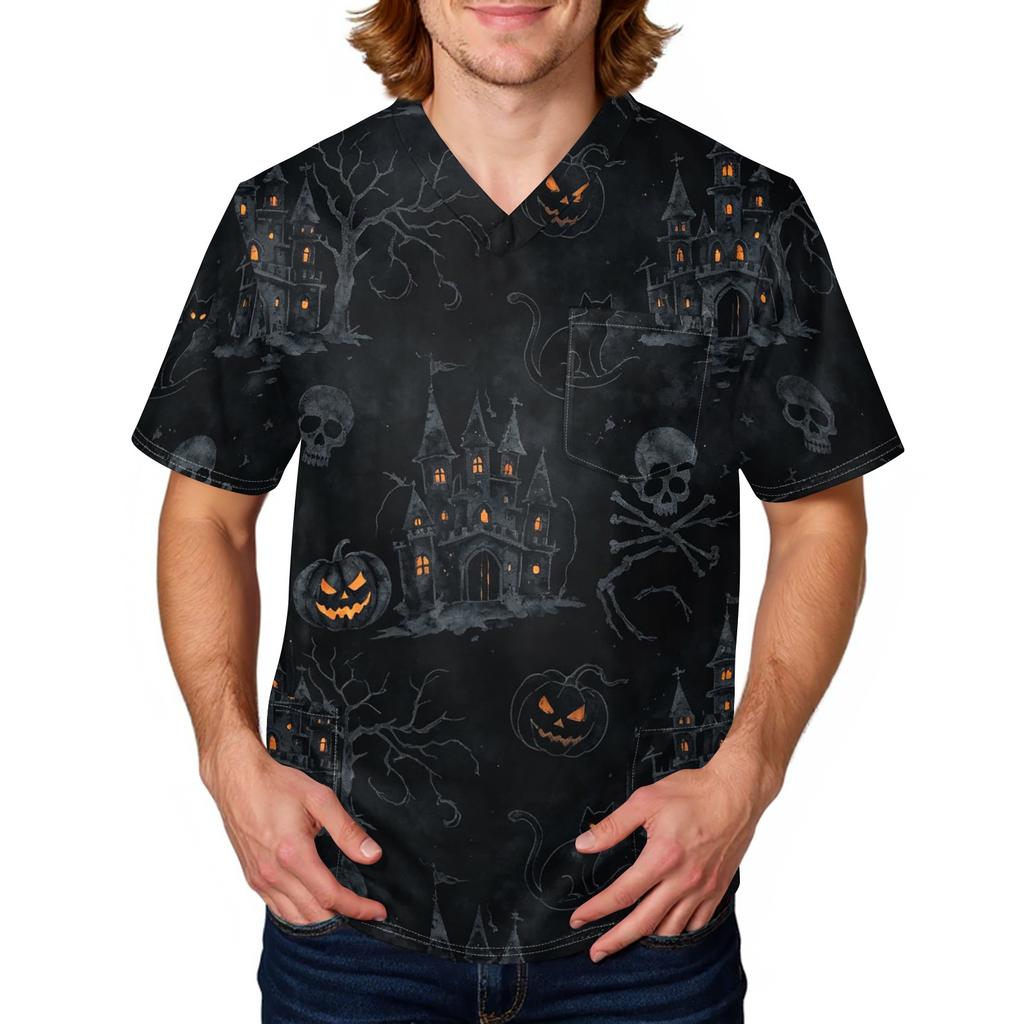 Men's Halloween Print Medical Scrub Top V Neck Tie Pocket Comfortable Fit Workwear for Healthcare Professionals Daily Use