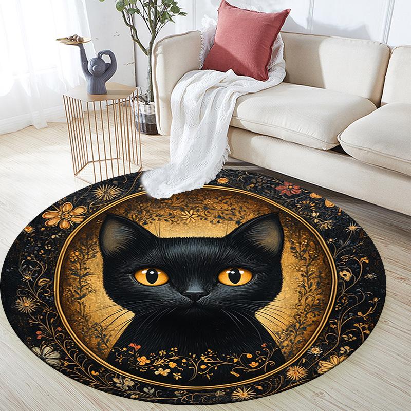 Golden Framed Black Cat Round Area Rug,Carpet Rug for Living Room Bedroom Sofa Playroom Decor,Non-slip Floor Mat