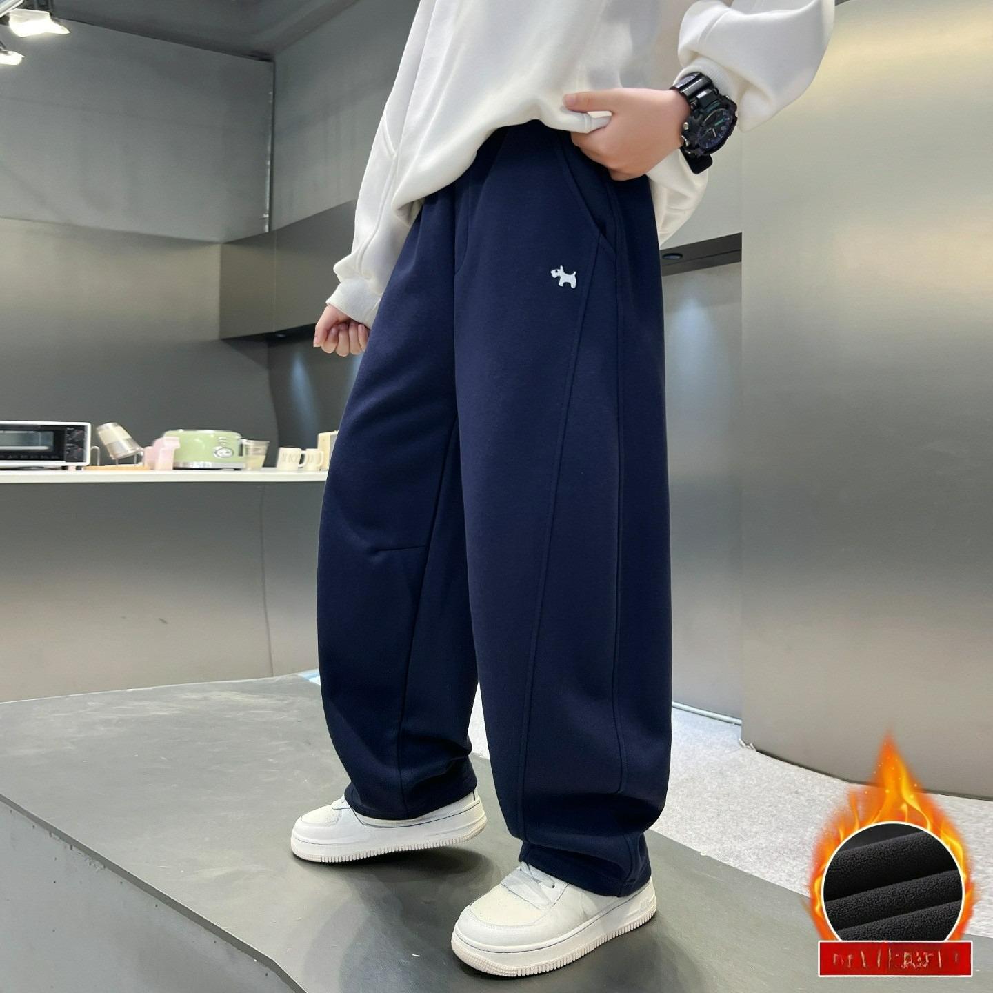 

Хлопчачі зимові суцільні штани з плюшевою підкладкою, дитячі осінньо-зимові моделі, потовщені спортивні штани-шаровари для дітей середнього віку 120 темно-синього кольору