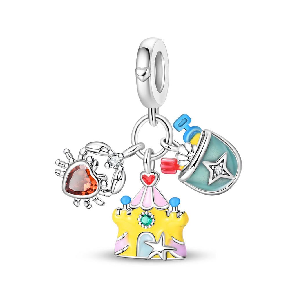 S925 Silver Summer Vacation Sun Beach Castle Sports Bead Pendant DIY Handmade Jewelry Bracelet Making Accessories