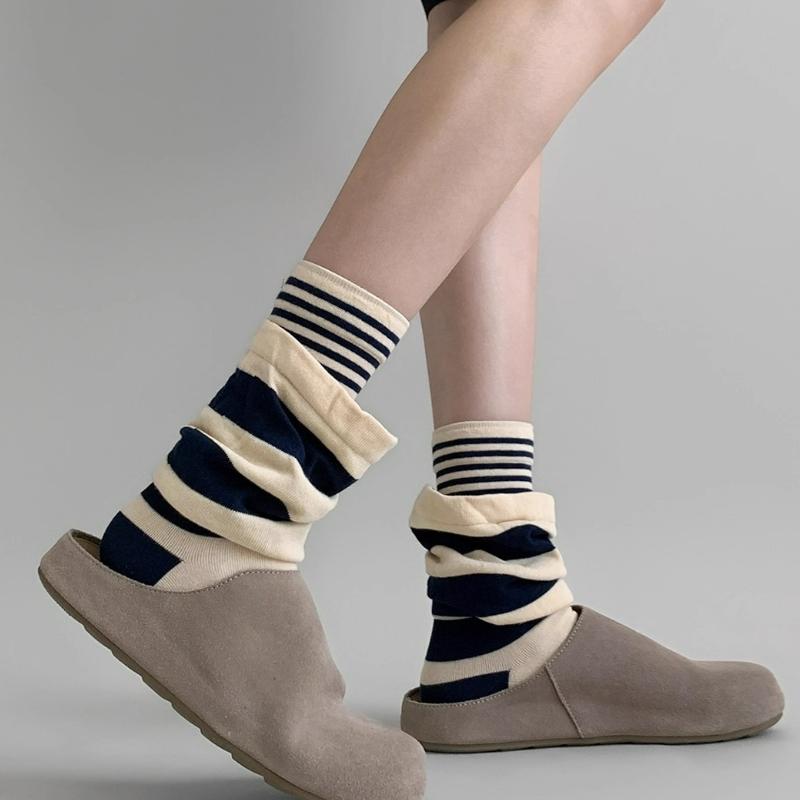 

Women Casual Striped Collision Long Socks School Girls Korean Style Harajuku Faux Two-pieces Socks Double-layer Fashion Stocking One Size