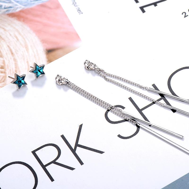 Personality Female Earring  Sterling Silver Asymmetric Blue Star Long Tassel Ear Line Earrings for Women Wedding  Gift