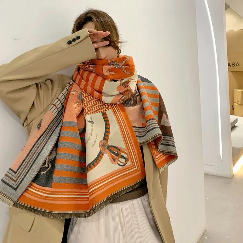 New Luxury Winter Cashmere Scarf Women Design Warm Pashmina Blanket Horse Scarves Female Shawl Wraps Thick Foulard Bufanda