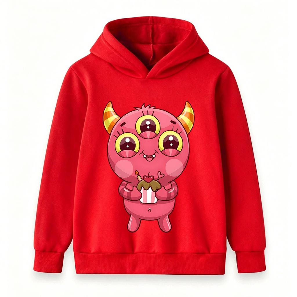 Kids Boys Girls Pullover Hoodie Cute Three-Eyed Pink Monster Print Casual Soft Hooded Sweatshirt For Boys Girls Daily Party Holiday Warm Comfortable