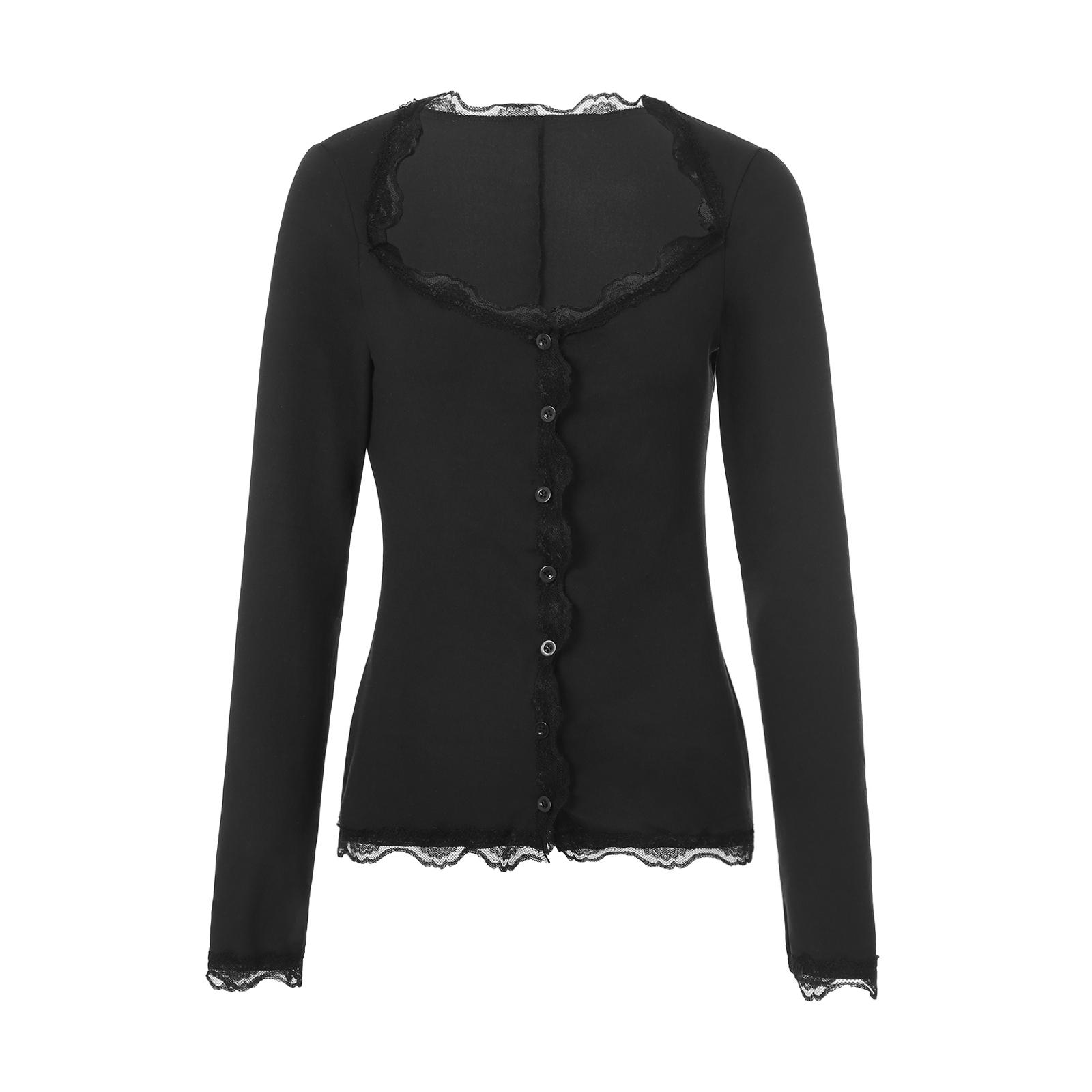 

Женские укороченные топы, однотонные, с длинным рукавом, V-образным вырезом, кружевным подолом, застегивающимся на пуговицы, приталенная рубашка чёрный