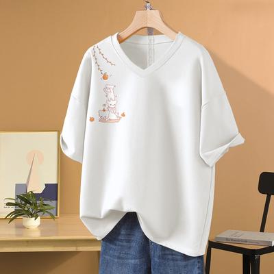 Short-sleeved T-shirt, Loose-fitting, Slimming Printed V-neck Top for Women