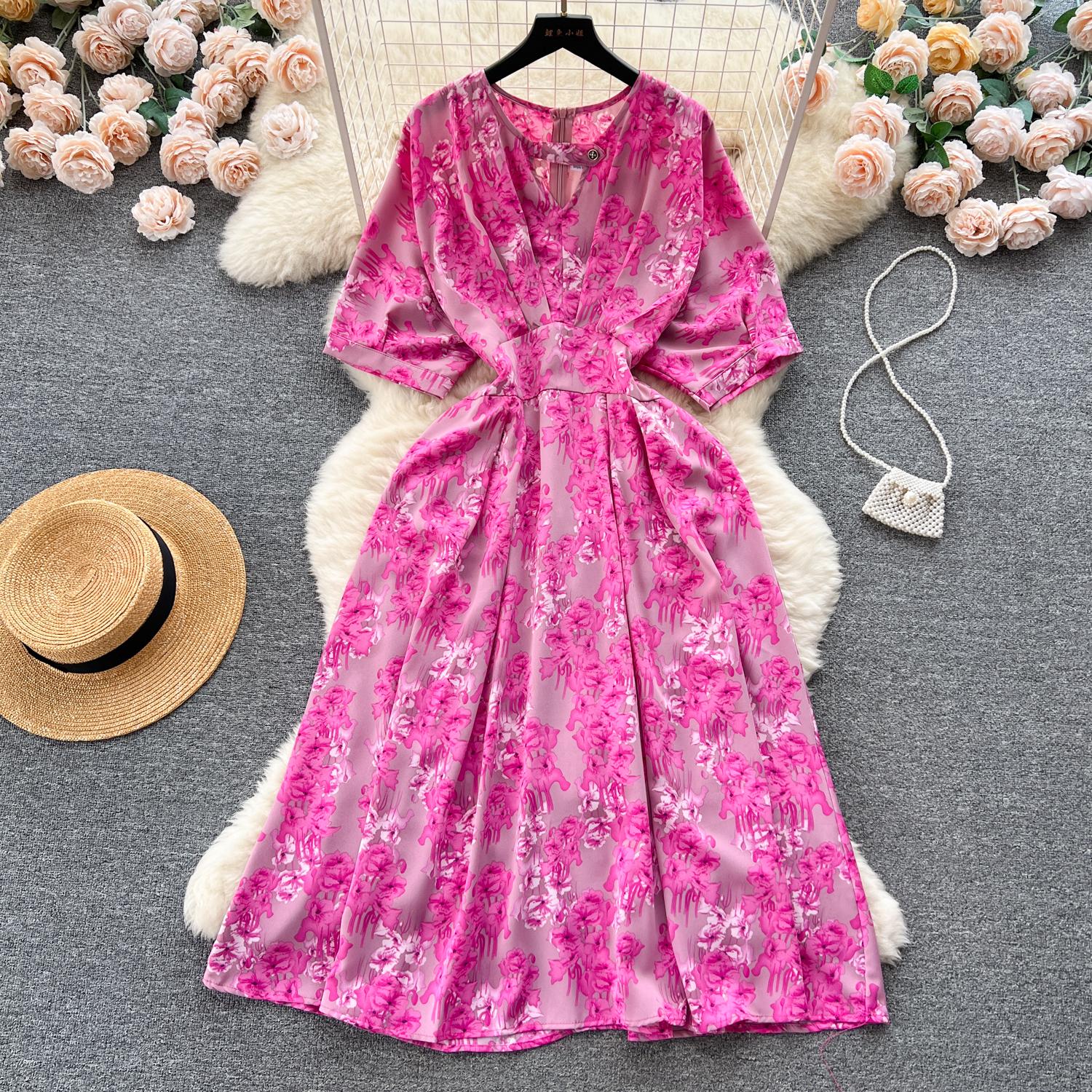 

Платье с пышными рукавами и цветочным принтом на талии, женское летнее облегающее пляжное платье в стиле супер феи в курортном стиле One Size розы красного