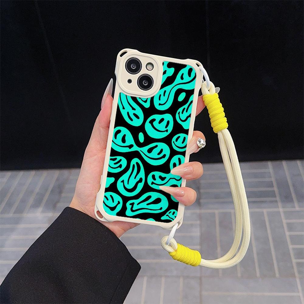 Ae88 Lovely Smiley Art Soft Phone Cases for iPhone 16 15 14 13 12 11 Pro Max XR with Wrist Strap Lanyard Corner Protection Back Cover