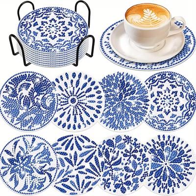 Amyaker Diamond Art Coaster Set with DIY Mosaic 5D Diamond Painting Coaster Craft Kit for and Arts and Crafts Supplies Kit, Blue, 8-Piece Holder, Art,