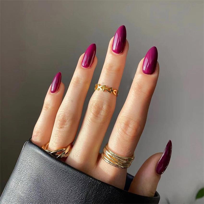 24 Pcs Medium Long Solid Almond Press On Nails Full Coverage Removable Fake Nails Art Wearable False Nail Set