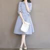 Plus Size Women Vertical Striped Loose Long Sleeve Button Down Shirt Midi Dress