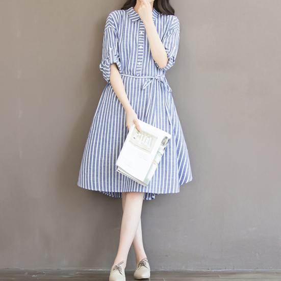 Plus Size Women Vertical Striped Loose Long Sleeve Button Down Shirt Midi Dress
