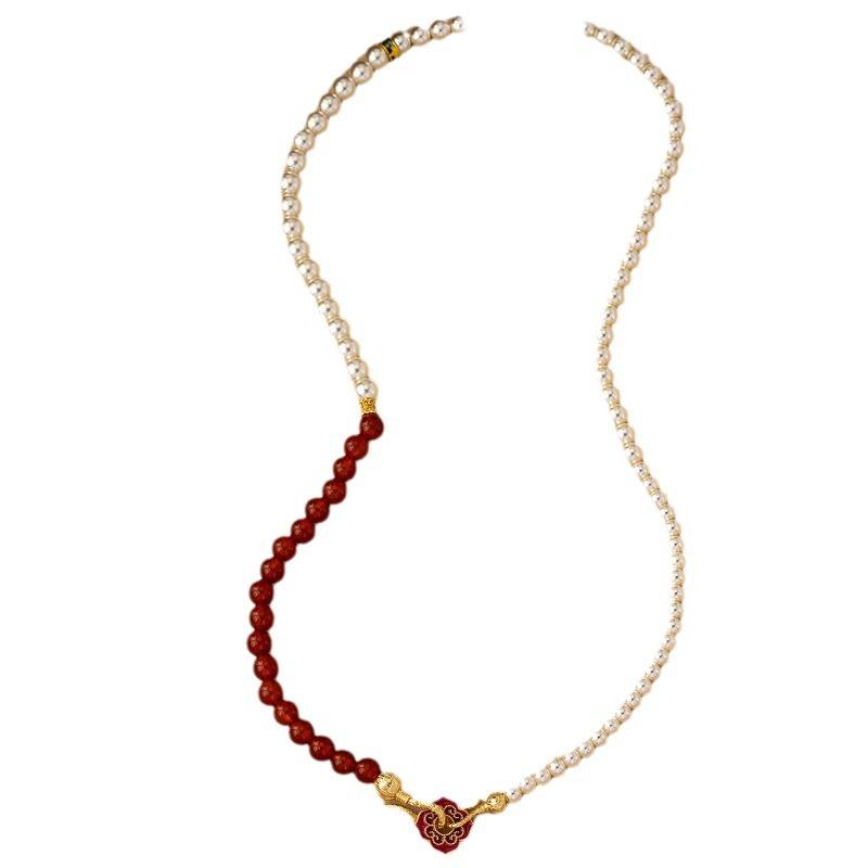 Original new Chinese retro agate necklace asymmetric pearl niche high-end light luxury enamel clavicle chain women